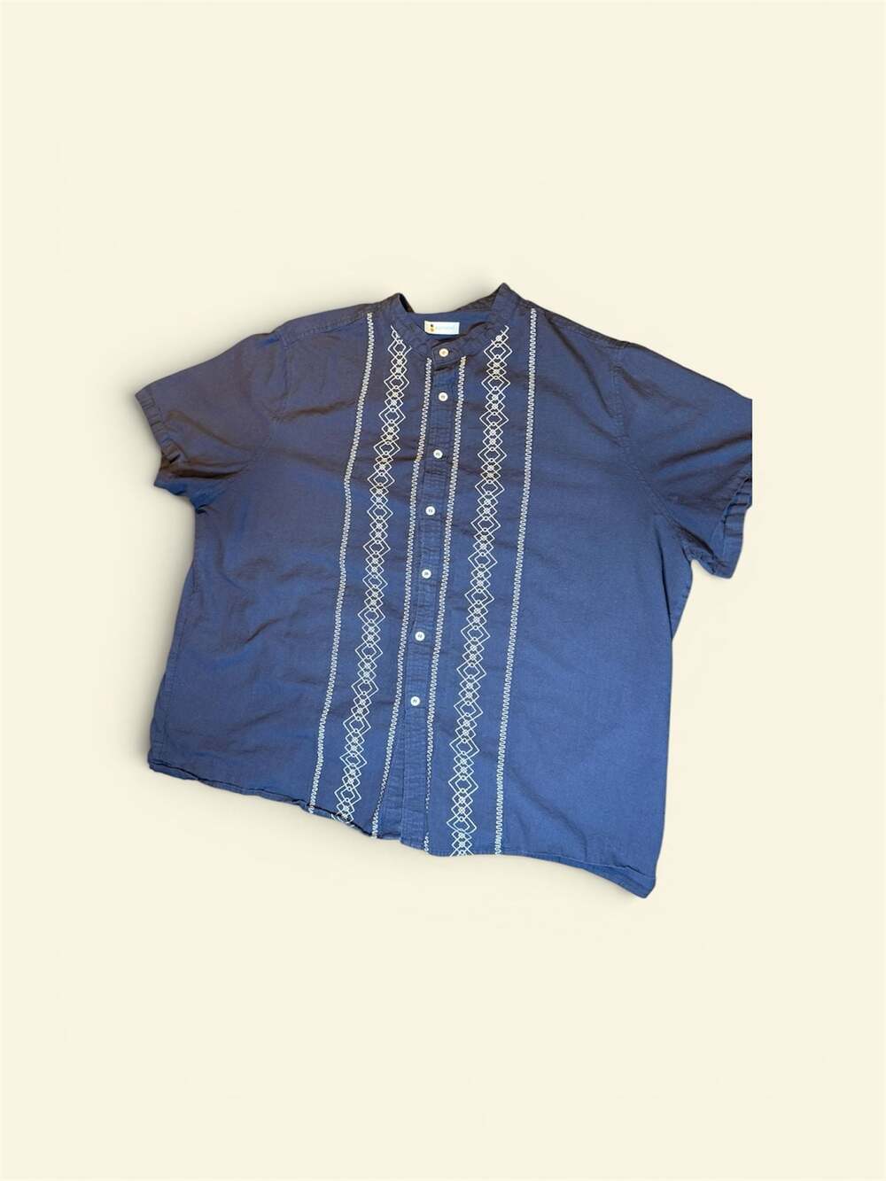 BEOTYSHOW Men's Navy Blue Short Sleeve Button-Down Guayabera Shirt